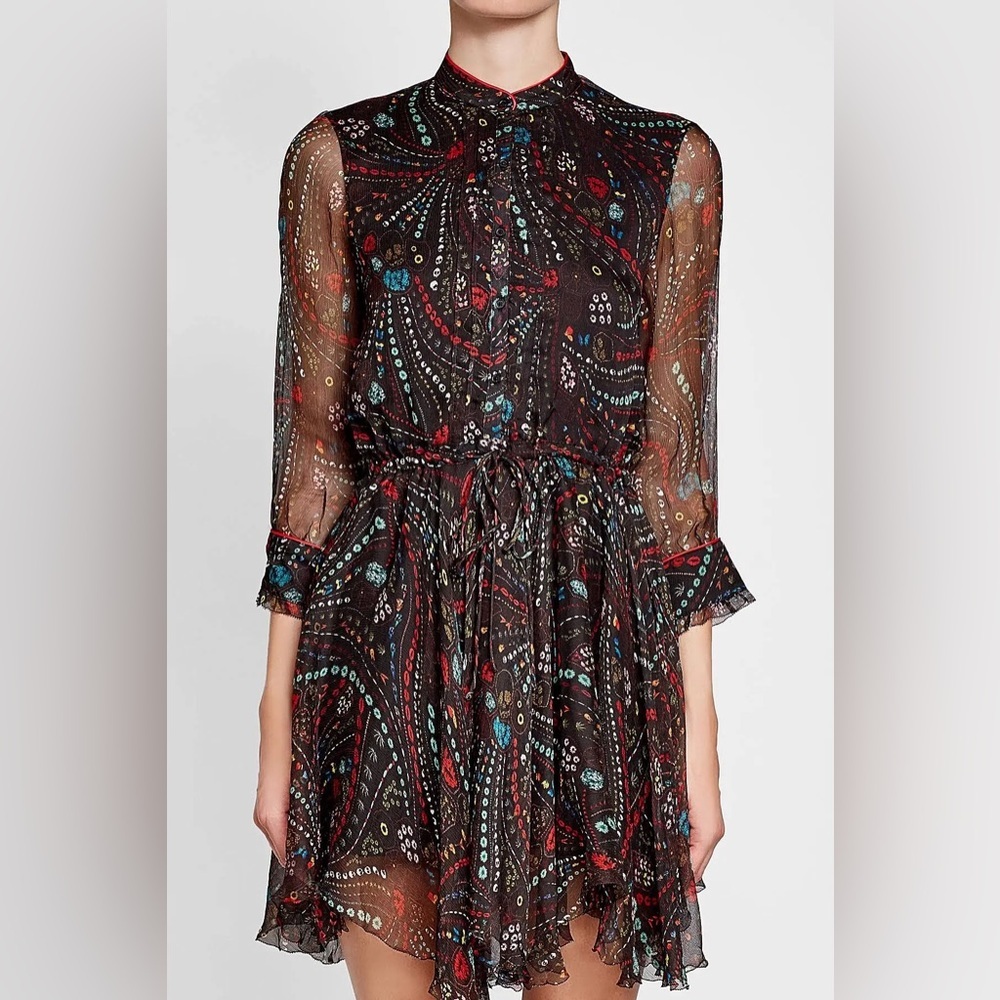 Zadig & Voltaire Ranil handkerchief hem semi sheer silk long sleeve dress sz lg